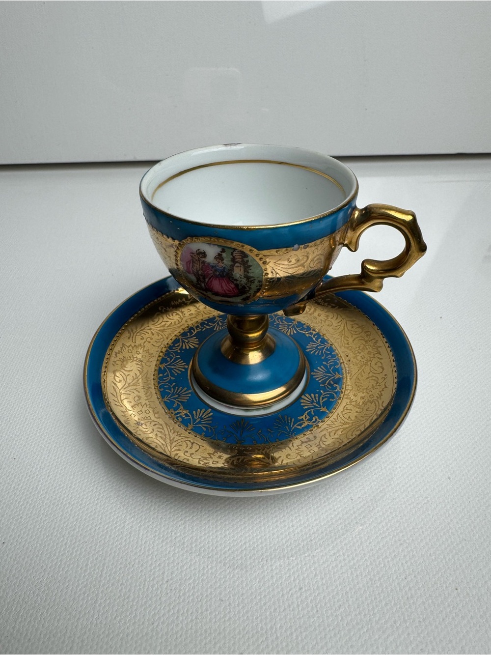 Royal Vienna Porcelain Cup & Saucer Set Blue/Gold 2pc Handle Printed 11/820